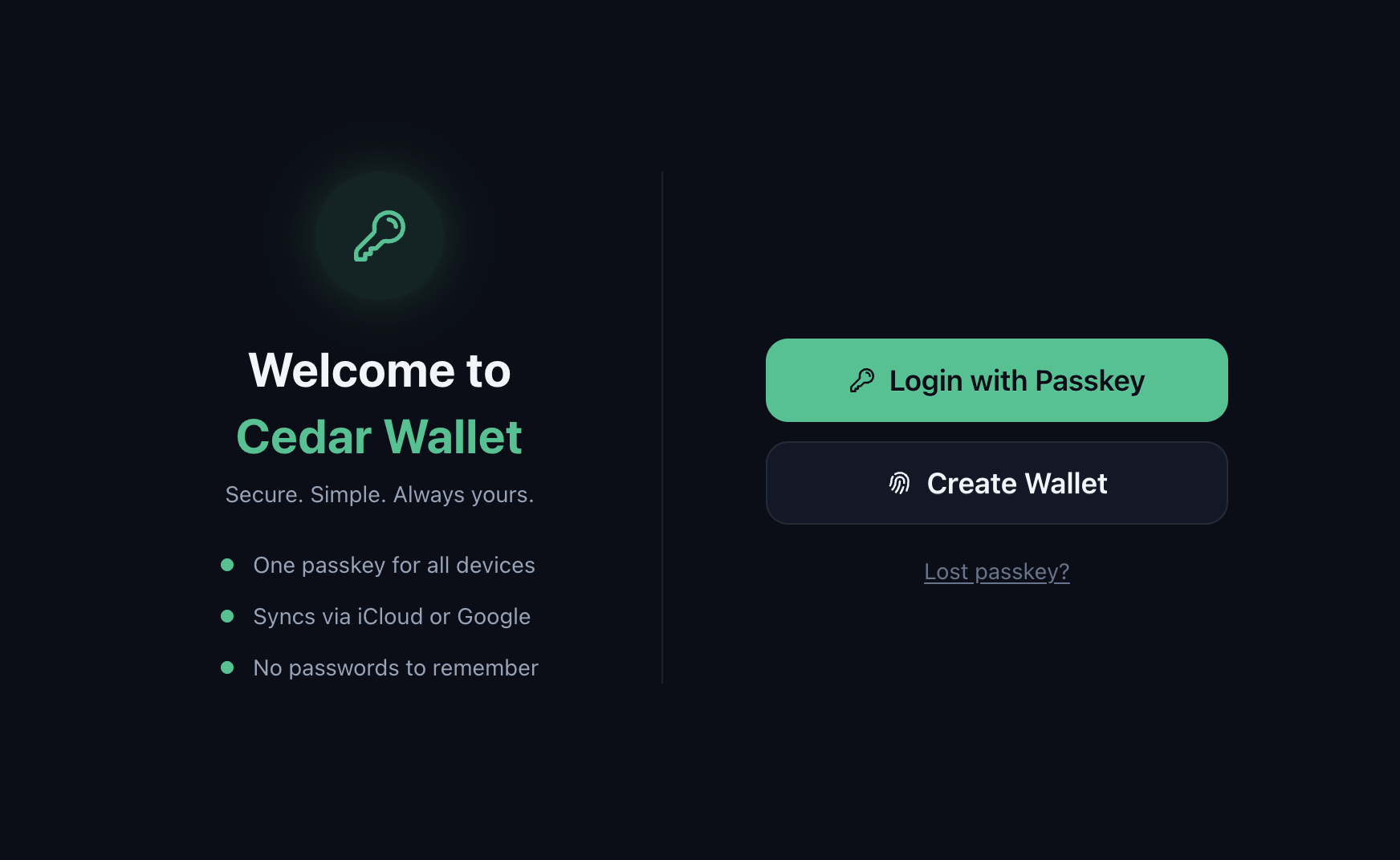 Cedar Wallet welcome screen with Create Wallet and Login with Passkey buttons.