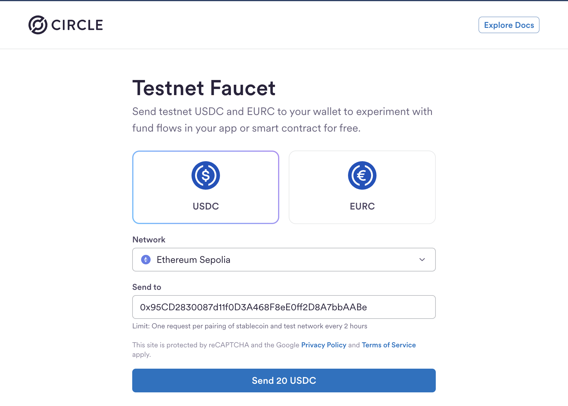 Circle Testnet Faucet showing USDC selected, Ethereum Sepolia selected, and a Cedar Pocket address pasted.