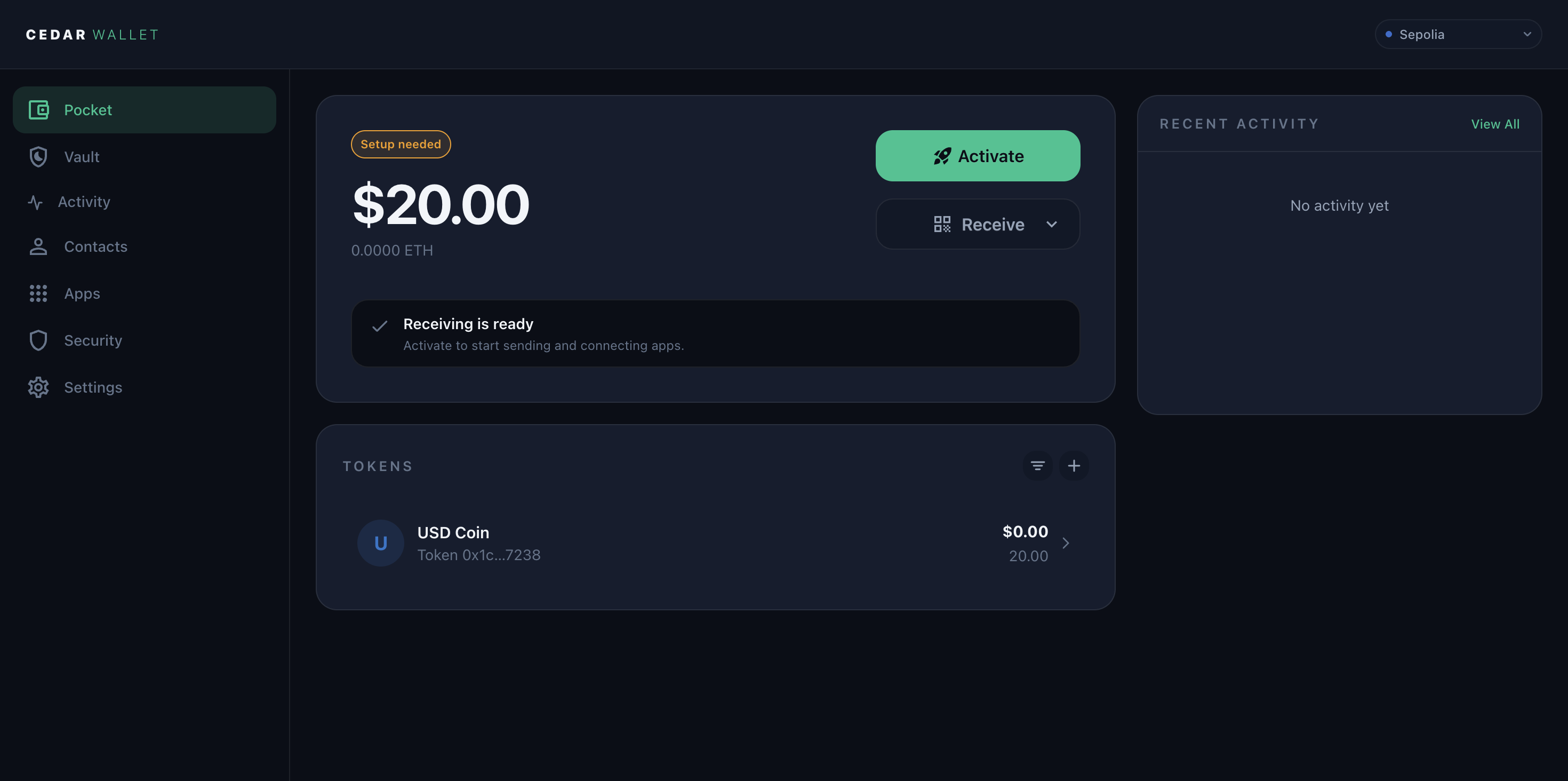 Cedar Pocket dashboard showing 20 USDC in the USD Coin row on Sepolia.
