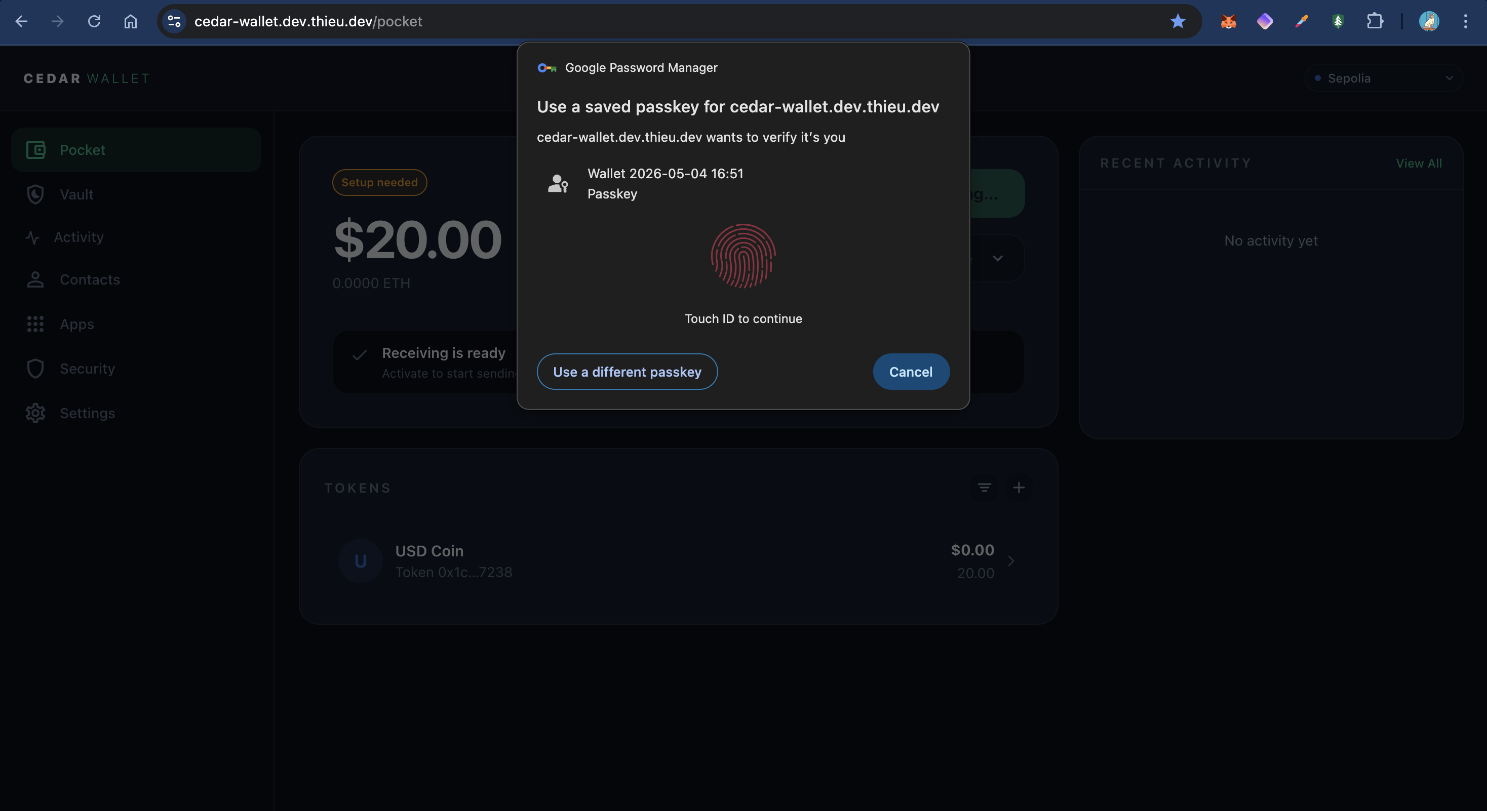 Browser passkey prompt asking to use a saved passkey for Cedar Wallet.