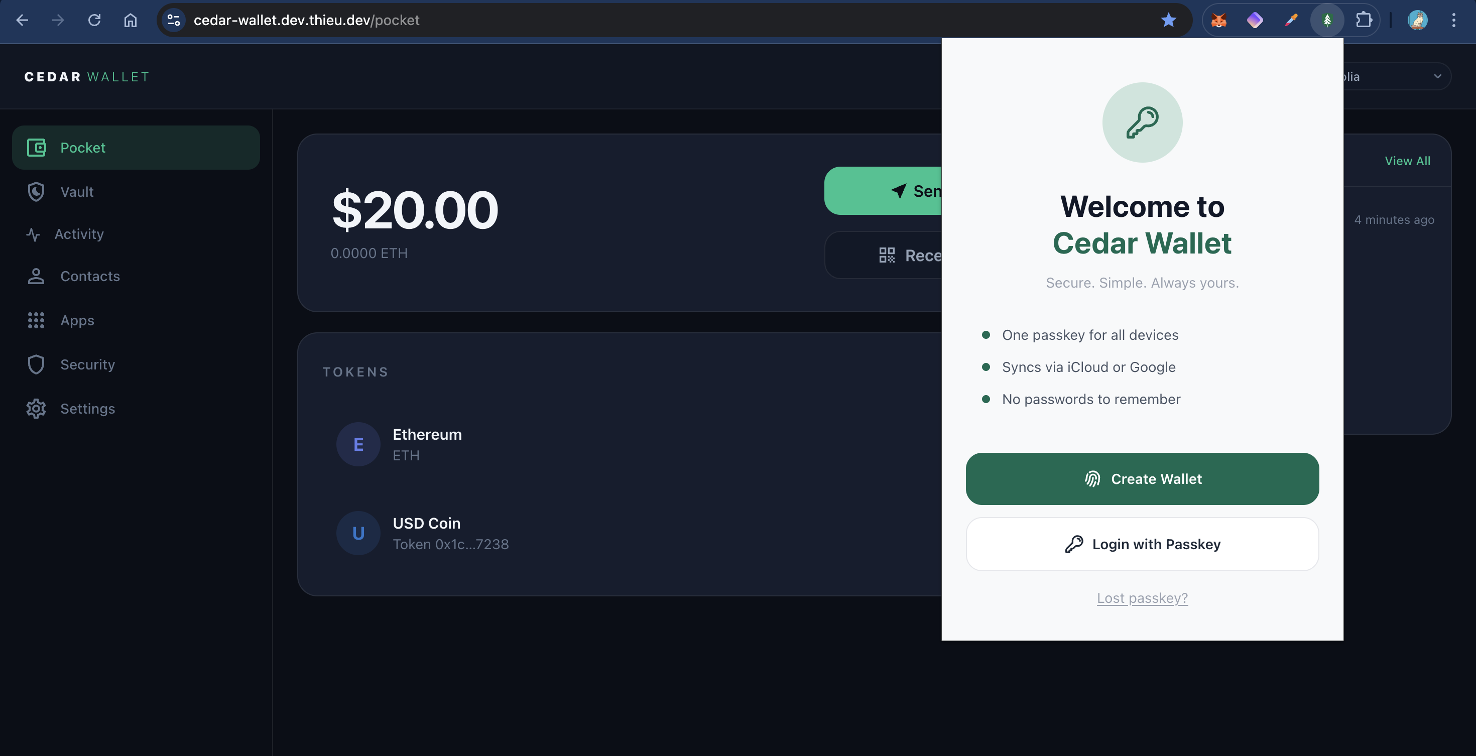 Cedar extension sign-in screen with Create Wallet and Login with Passkey buttons.