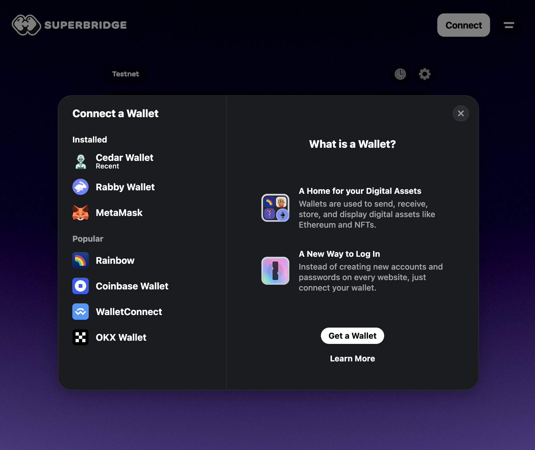 Superbridge connect wallet dialog showing Cedar Wallet as an installed wallet option.