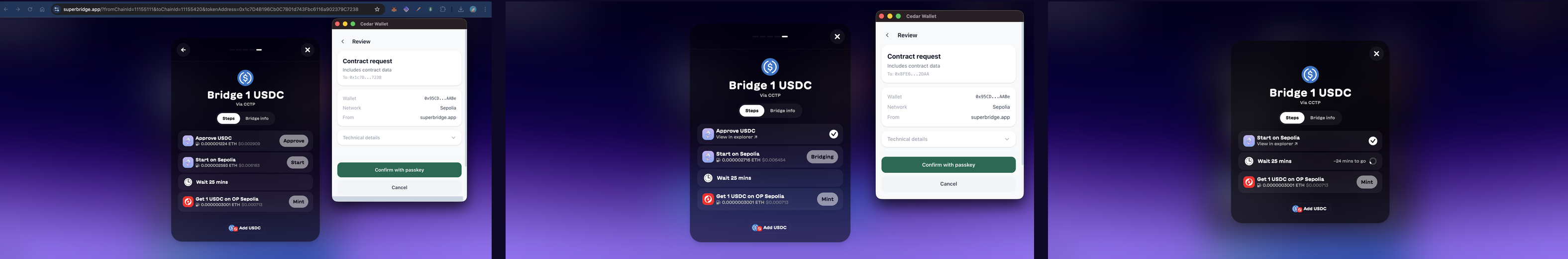 Three Superbridge submit states showing Approve USDC, Start bridge, and Wait then Mint with Cedar Wallet passkey confirmations.