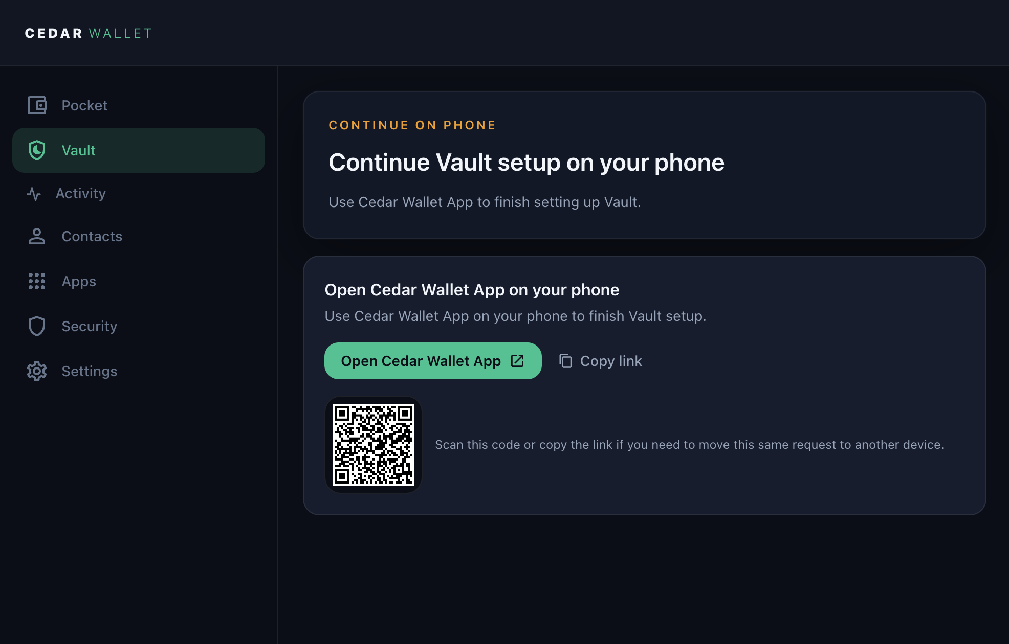 Cedar Vault page on web showing a Continue on phone handoff card with Open Cedar Wallet App, Copy link, and a QR code.