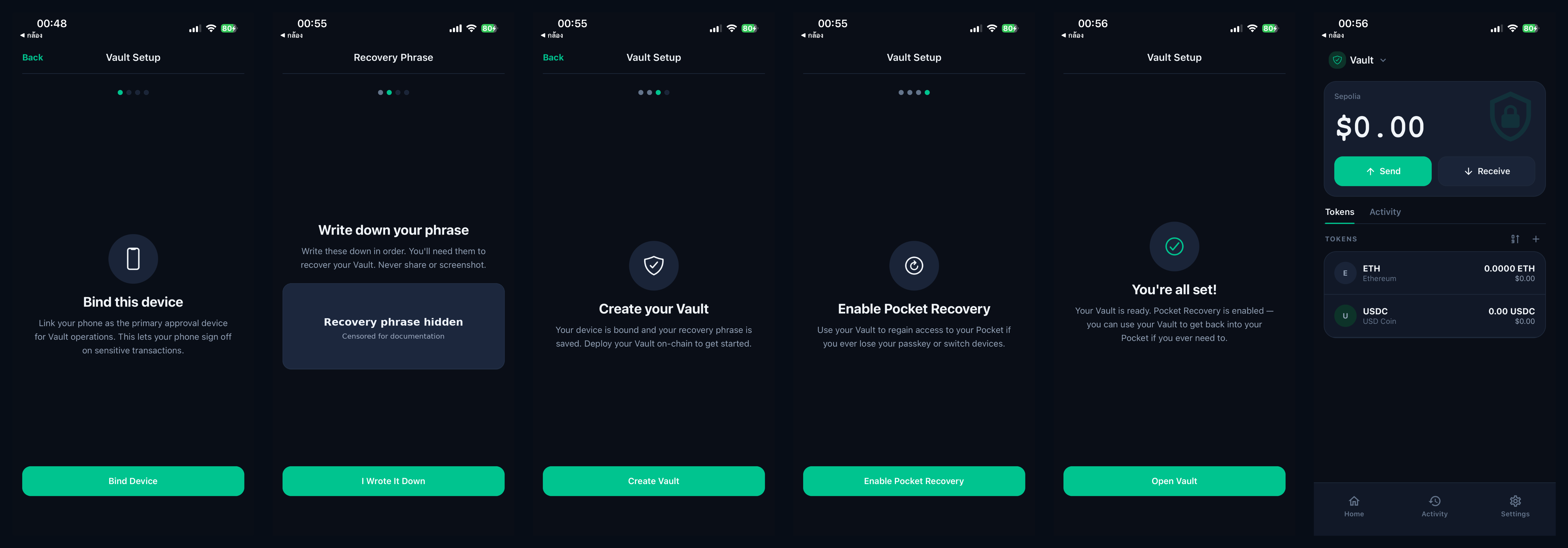 Cedar native Vault setup flow showing Bind this device, recovery phrase, Create your Vault, Enable Pocket Recovery, and Vault ready screens.