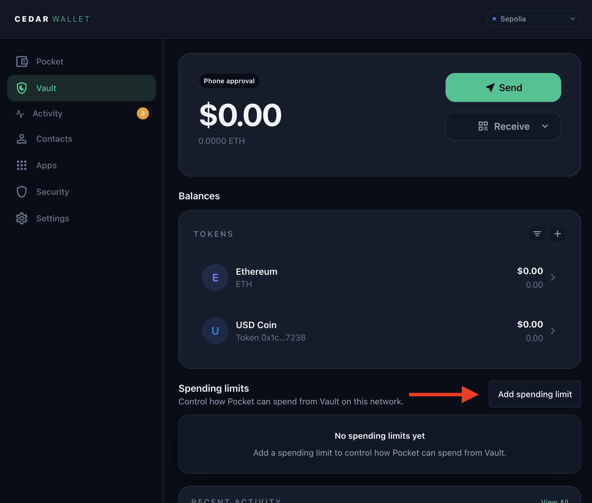 Cedar Vault dashboard on web showing phone approval, no spending limits yet, and the Add spending limit button.