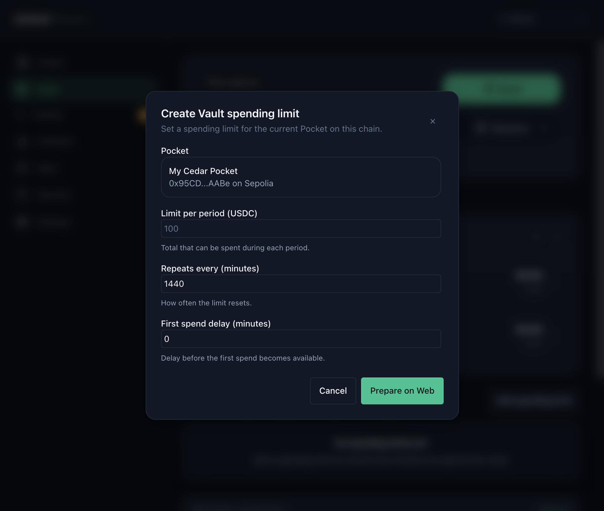 Cedar web modal for creating a Vault spending limit with Pocket, USDC limit, reset period, first spend delay, and Prepare on Web.