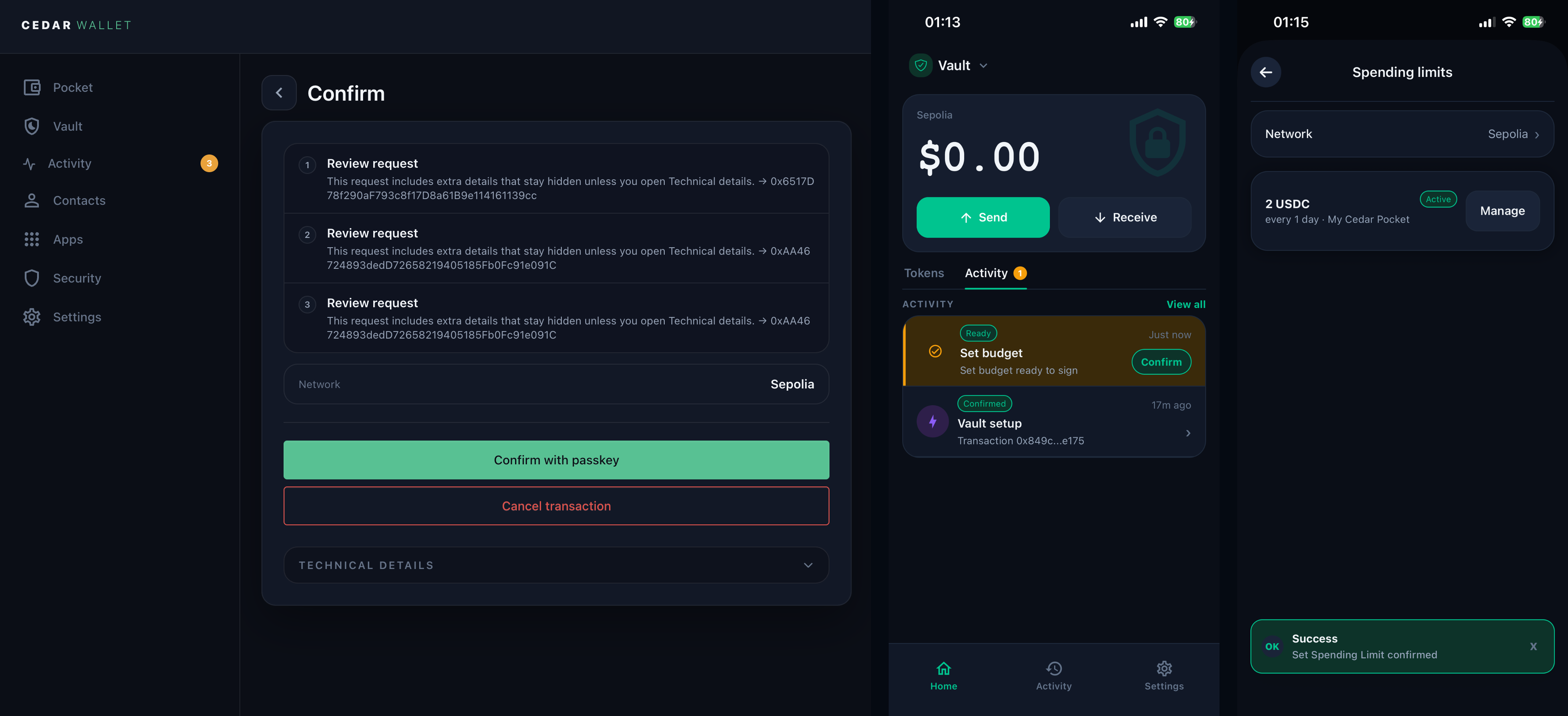 Cedar spending-limit approval screens showing web passkey confirmation, native pending Set budget activity, an active 2 USDC limit, and a success toast.