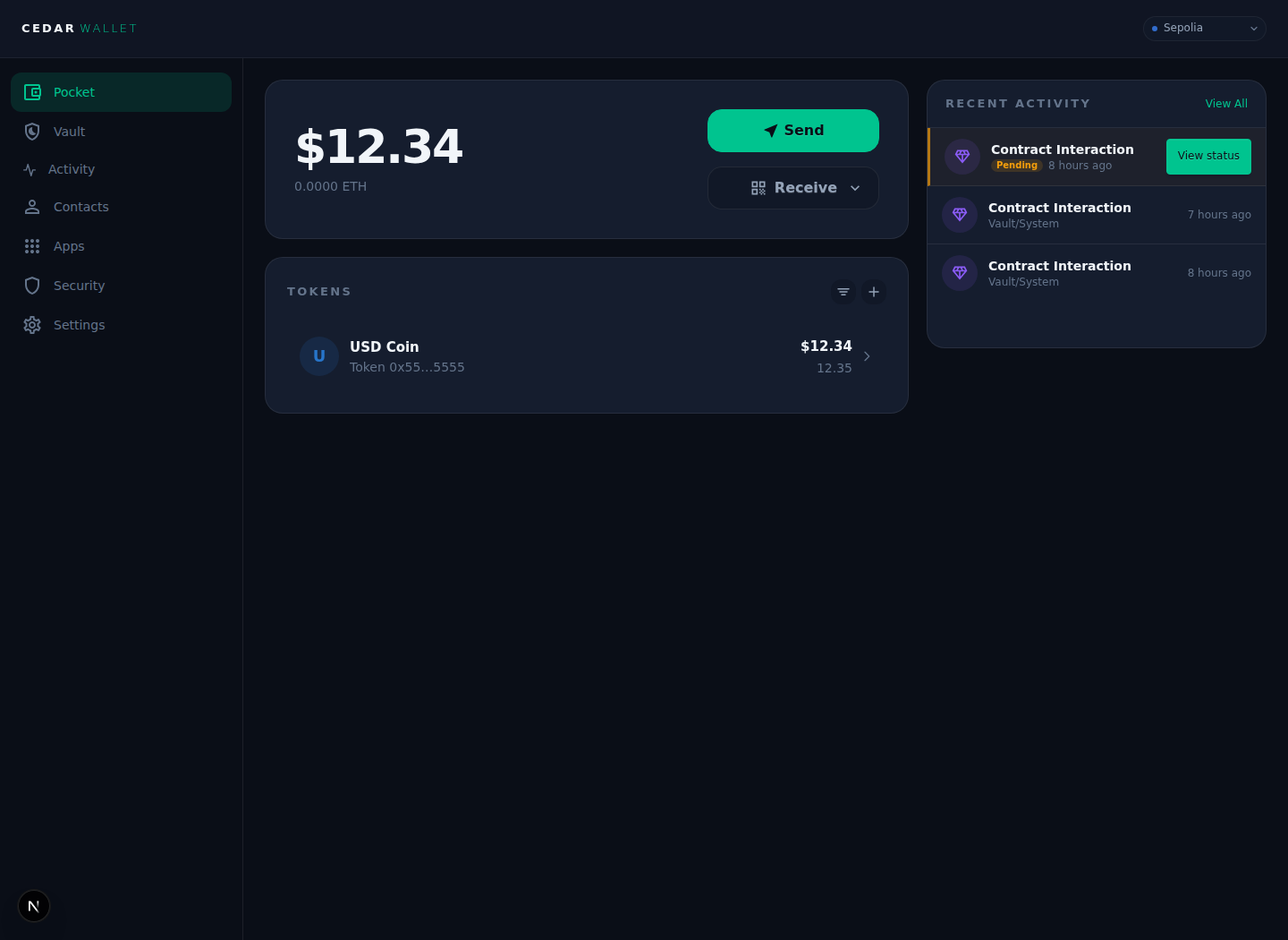 Cedar Pocket dashboard showing 12.34 USDC and recent contract interaction activity with a pending status.