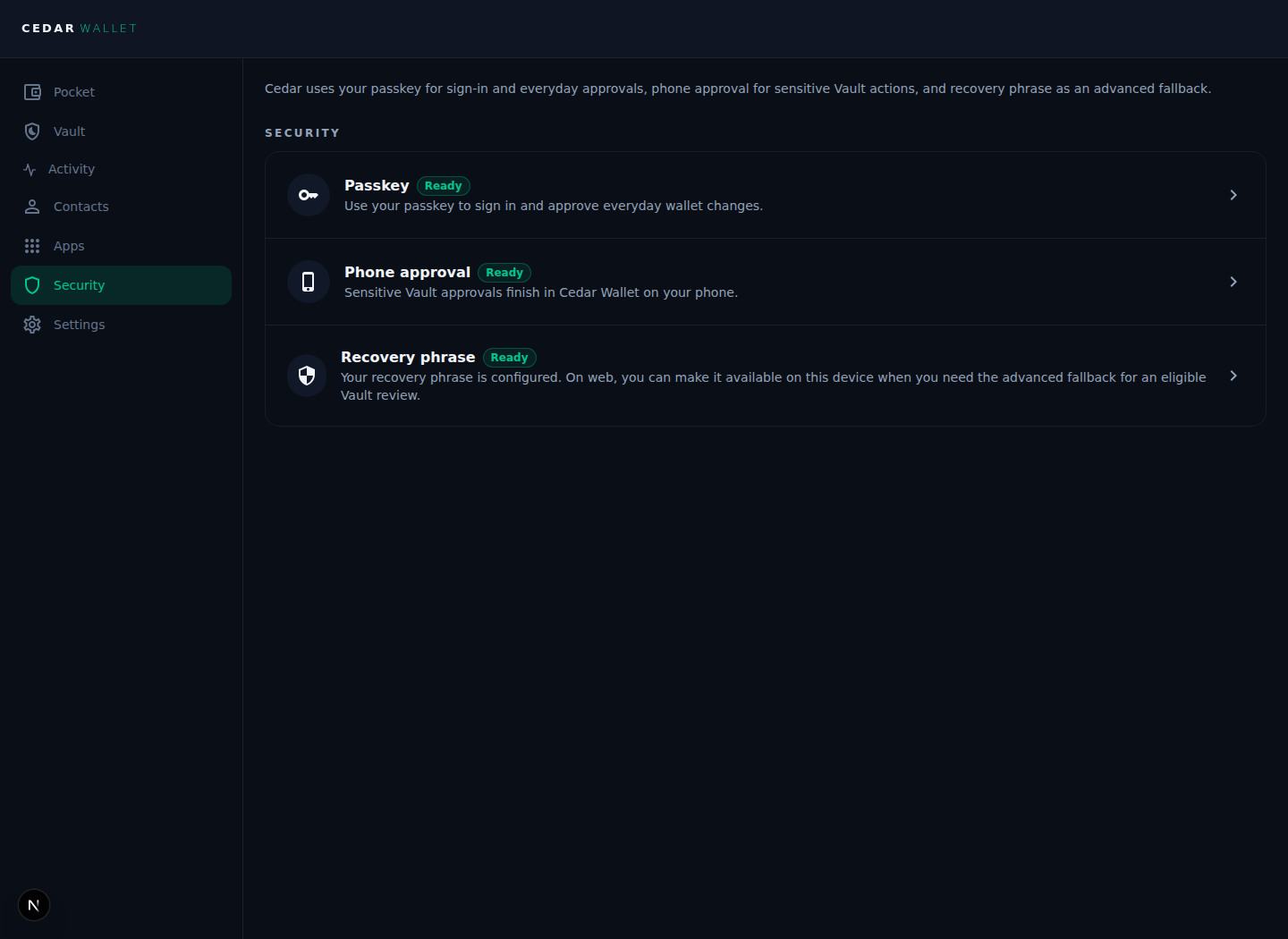 Cedar Security overview showing Passkey, Phone approval, and Recovery phrase all marked Ready.