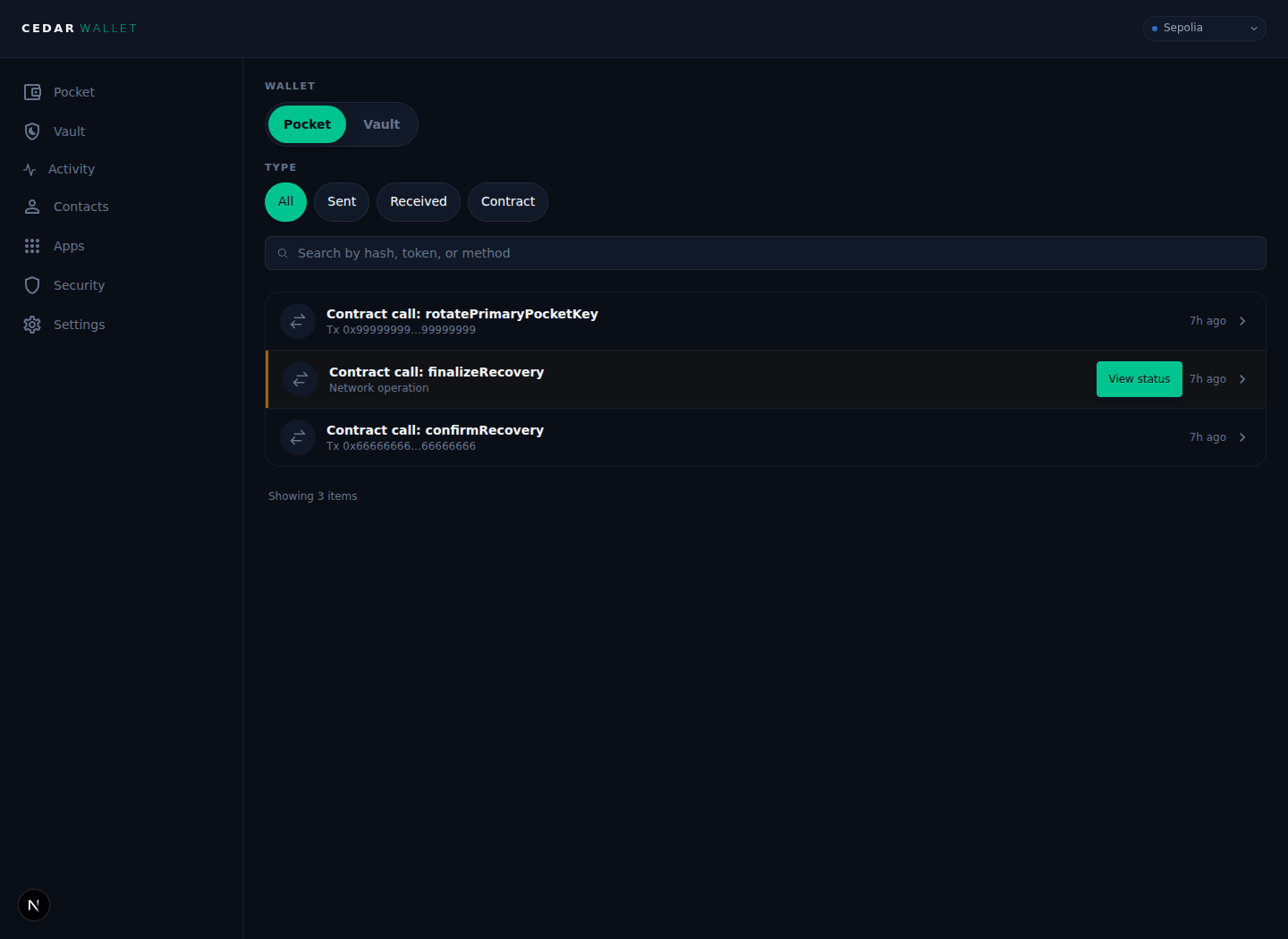 Cedar Operations page showing Pocket contract calls for rotatePrimaryPocketKey, finalizeRecovery, and confirmRecovery.