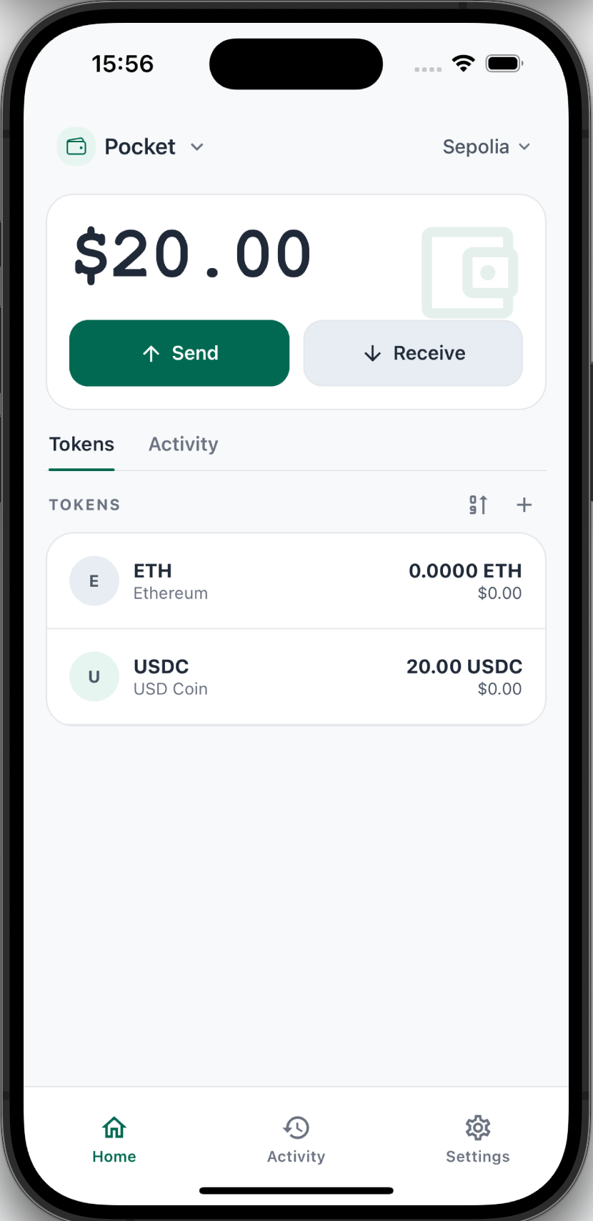 Cedar Wallet phone app showing the Pocket home screen